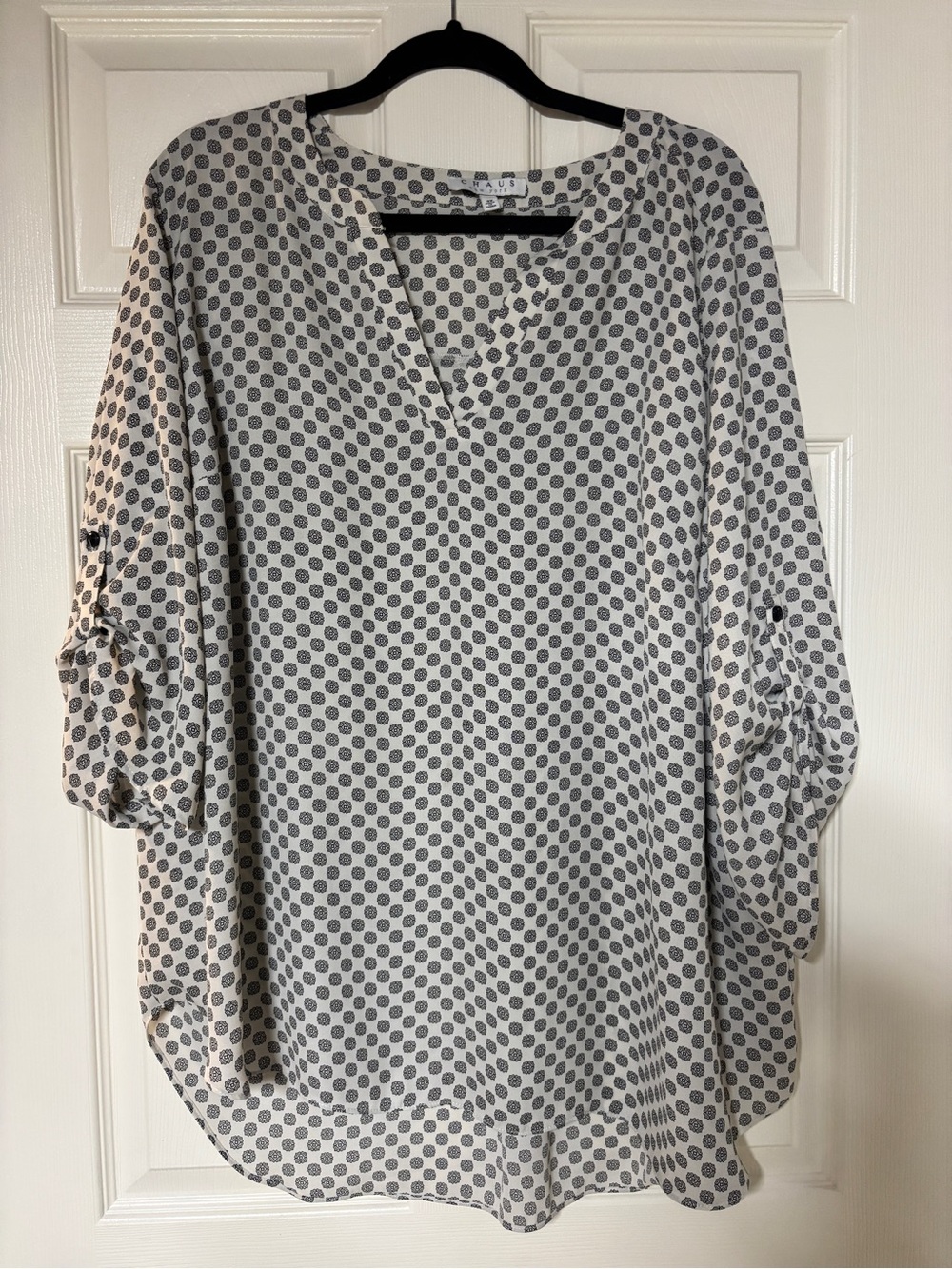 Chaus White Tunic with Gray Polka Dot Print